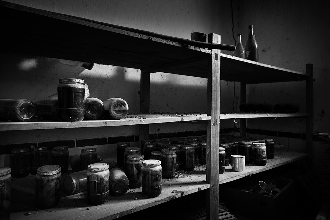 Shelves holding jars and containers.